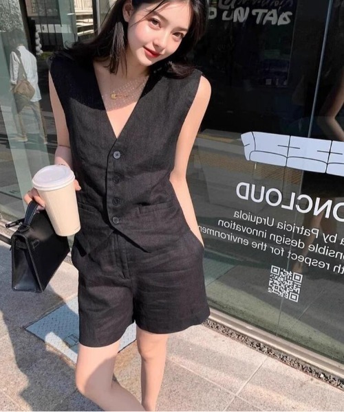 セットアップ ノースリーブ ベスト ショートパンツ セットアップ V ネック ボタン ノースリーブベスト ショート