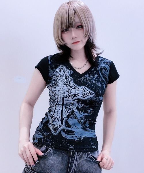 tシャツ A'GEM/9 × .kom「NOVESSEL/ノベセル」クロスデザインTシャツ レディース