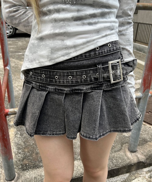 スカート ダブルベルトデニムプリーツミニスカパン : ZOZOTOWN Yahoo
