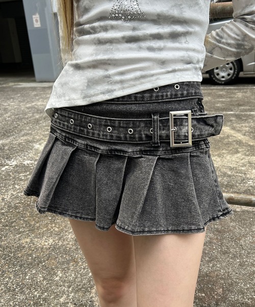 スカート ダブルベルトデニムプリーツミニスカパン : ZOZOTOWN Yahoo