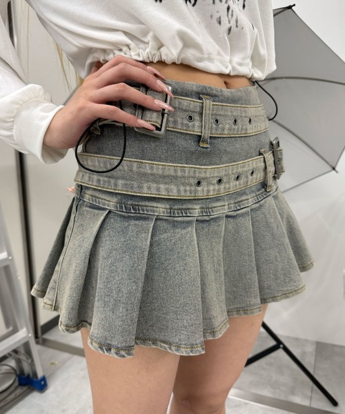 スカート ダブルベルトデニムプリーツミニスカパン : ZOZOTOWN Yahoo