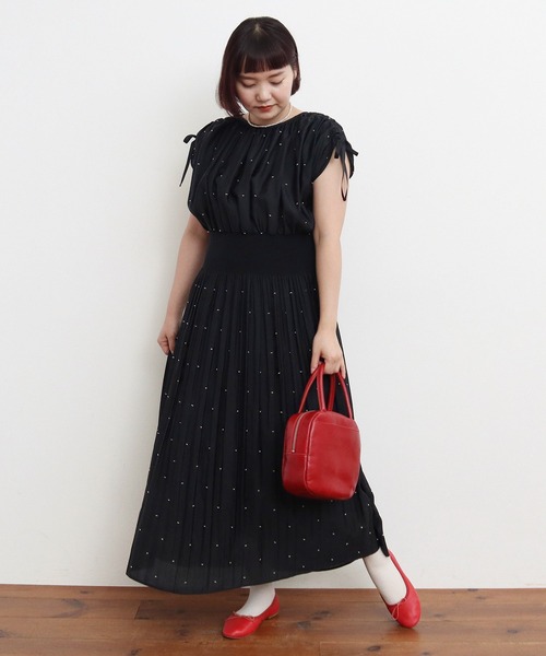 BLACK PEACE NOW ひざ丈フレンチスリーブワンピース CHILD WOMAN ワンピース シャーリングDOTジャカード フレンチ