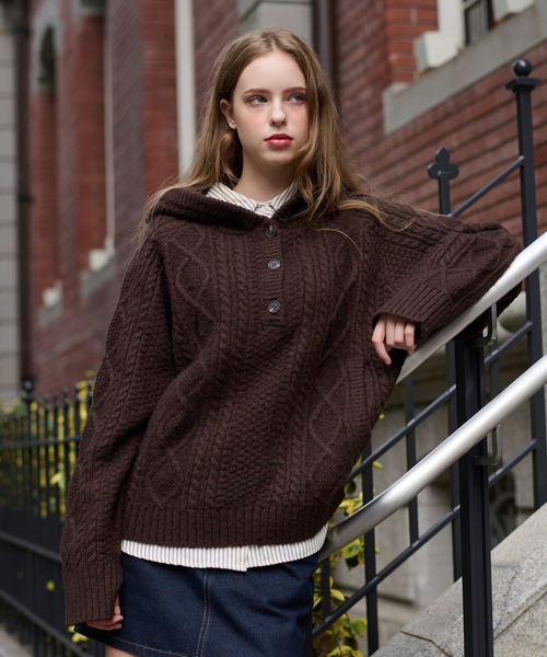 hazyl ニット セーター cable knit foodie / ケーブルニットフーディ