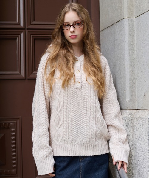 hazyl ニット セーター cable knit foodie / ケーブルニットフーディ