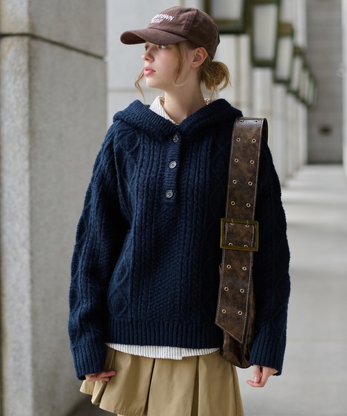 hazyl ニット セーター cable knit foodie / ケーブルニットフーディ