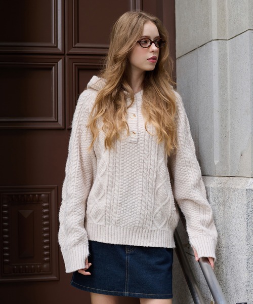 hazyl ニット セーター cable knit foodie / ケーブルニットフーディ