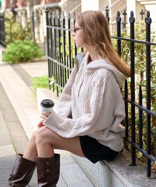 hazyl ニット セーター cable knit foodie / ケーブルニットフーディ