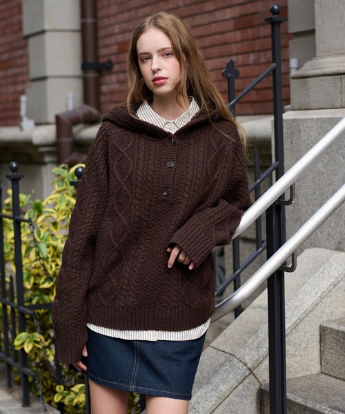 ファビアナフィリッピ　ブラウン　ケーブルニット THREE FIFTY STANDARD ボリューム袖のケーブルニットセーター