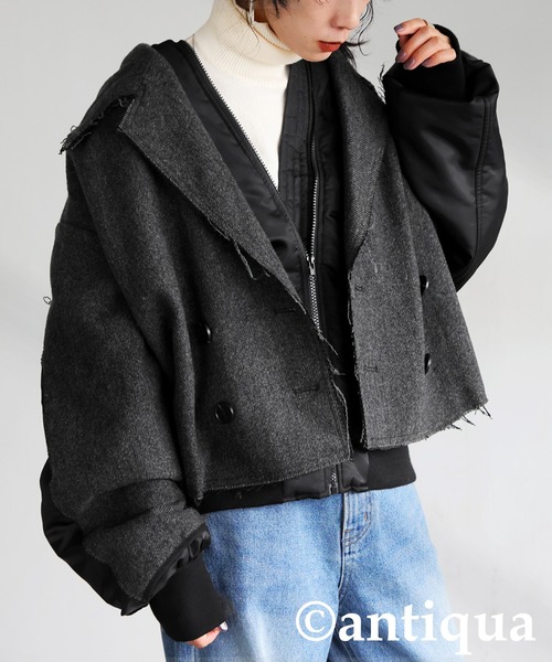 異素材コート antiqua（アンティカ） コート アウター 異素材切替 ダブルジャケット