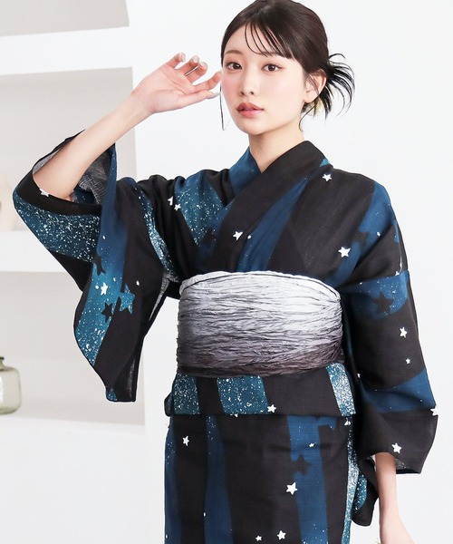 新品　レディース 浴衣 2点セット（綿浴衣＋グラデーションしわ兵児帯）　Sサイズ KIMONOMACHI 浴衣 レディース 浴衣 2点セット（綿浴衣＋グラデーション