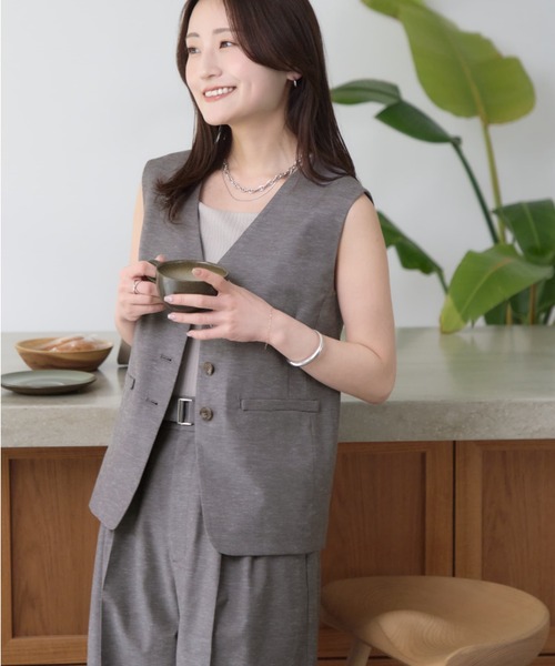 ワイドパンツ パンツ ポリエステルリネンスラブワイドパンツ 「低身長・小柄女性」 レディースの画像