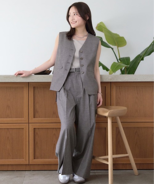 ワイドパンツ パンツ ポリエステルリネンスラブワイドパンツ 「低身長・小柄女性」 レディースの画像