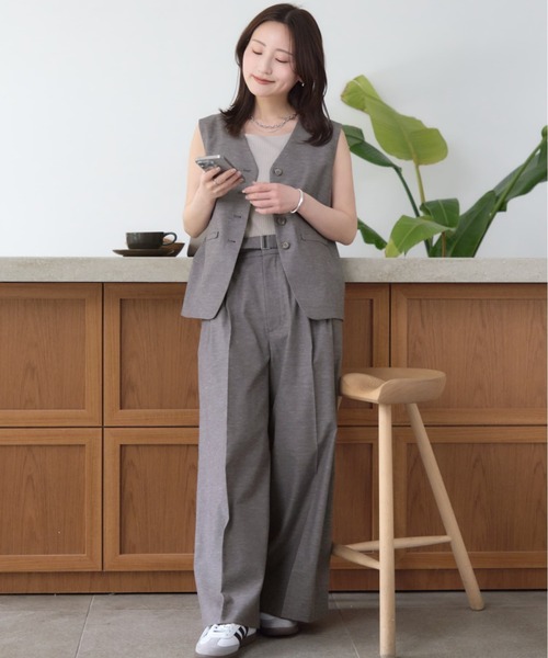 ワイドパンツ パンツ ポリエステルリネンスラブワイドパンツ 「低身長・小柄女性」 レディースの画像