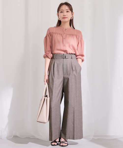ワイドパンツ パンツ ポリエステルリネンスラブワイドパンツ 「低身長・小柄女性」 レディースの画像
