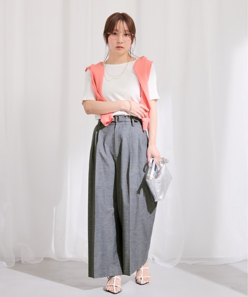 ワイドパンツ パンツ ポリエステルリネンスラブワイドパンツ 「低身長・小柄女性」 レディースの画像