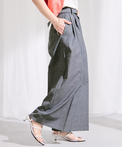 ワイドパンツ パンツ ポリエステルリネンスラブワイドパンツ 「低身長・小柄女性」 レディースの画像