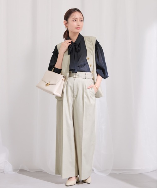 ワイドパンツ パンツ ポリエステルリネンスラブワイドパンツ 「低身長・小柄女性」 レディースの画像