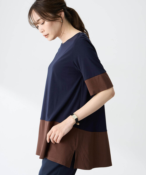 tシャツ ブロッキング配色チュニックプルオーバー「接触冷感」 レディースの画像