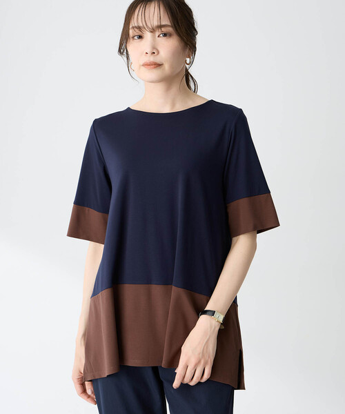tシャツ ブロッキング配色チュニックプルオーバー「接触冷感」 レディースの画像
