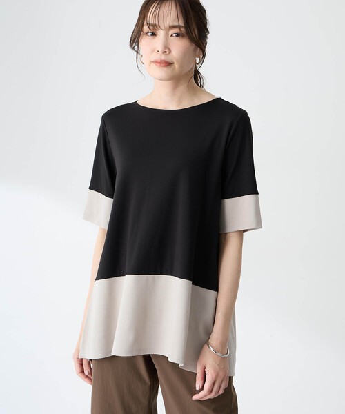 tシャツ ブロッキング配色チュニックプルオーバー「接触冷感」 レディースの画像
