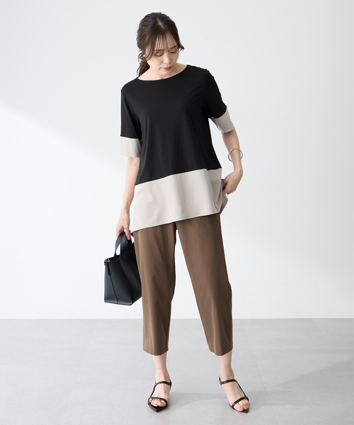tシャツ ブロッキング配色チュニックプルオーバー「接触冷感」 レディースの画像