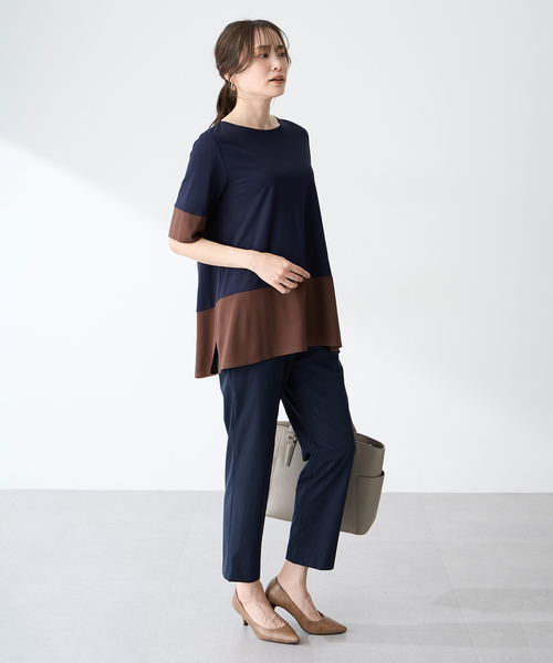 tシャツ ブロッキング配色チュニックプルオーバー「接触冷感」 レディースの画像