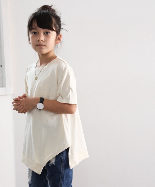特価 Tシャツ Tシャツ キッズ アシンメトリービッグシルエットミドル丈クルーネック無地tシャツ