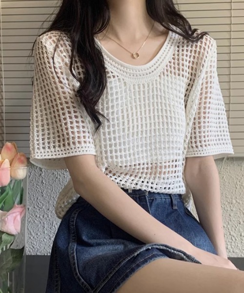 COCOMOMO ニット セーター 透かし編みメッシュニット 半袖トップス