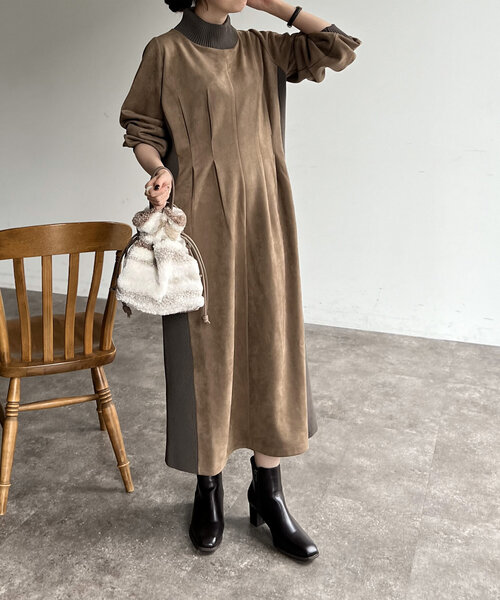 【専用】ワンピース Chez toi（シェトワ） ワンピース スエード×リブハイネックワンピース