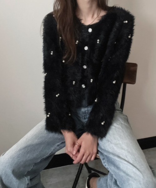 STONE  ベージュ カーディガン ビジュー刺繍カーディガン≪手洗い可能≫ | Droite lautreamont