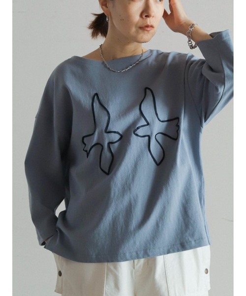 tシャツ テープ刺繍バード　ボートネックP/O レディース