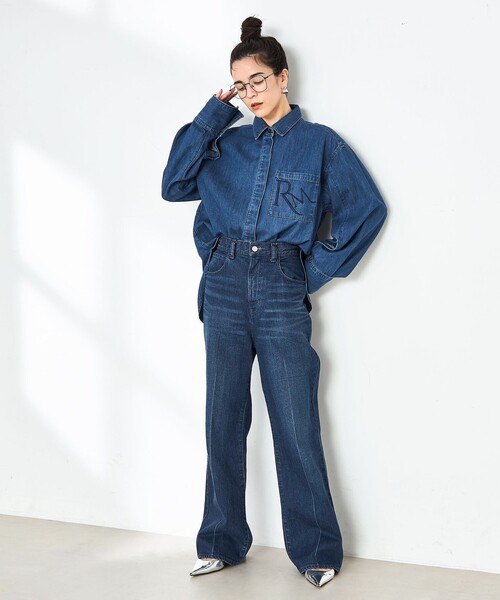INDIGO / RM デニム長袖シャツ L Rie Miller（リエミラー） ブラウス シャツ 「RM denim」刺繍入り