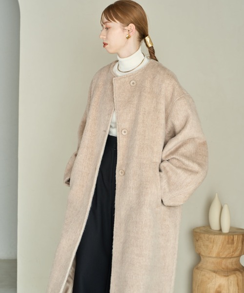 新品未使用 hinari ノーカラーシャギーコート hinari（ヒナリ） ノーカラーコート FREE ブラウン レディース