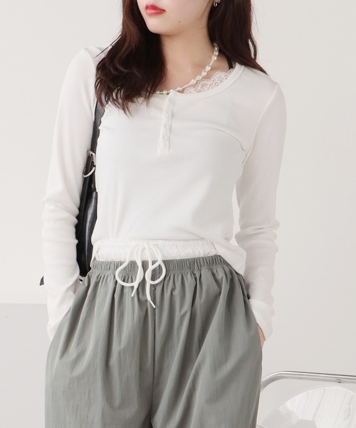 AAKU アーク レースヘンリーネックシャツ レーストップス ROOP TOKYO tシャツ Henry Neck Lace Top / ヘンリーネック