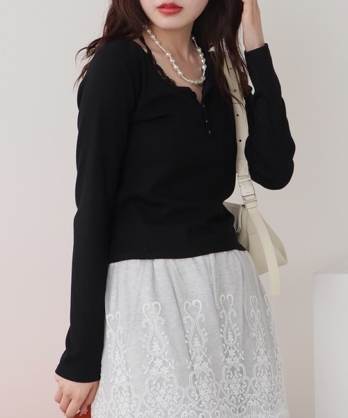 AAKU アーク レースヘンリーネックシャツ レーストップス ROOP TOKYO tシャツ Henry Neck Lace Top / ヘンリーネック