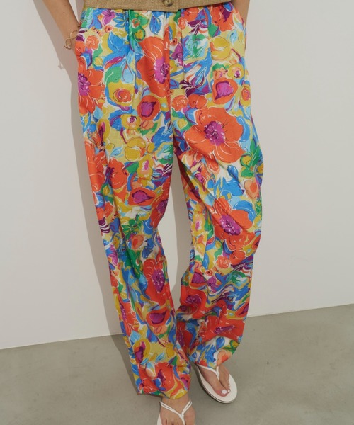 美品 PRADA フラワーデザイン パンツ 44 ブルー 1386 Unitage パンツ カラフルフラワープリントパンツ レディース