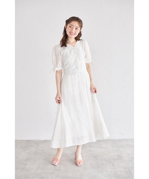 袖口リボン付きパール釦コットンレースワンピース tocco closet ワンピース 袖口リボン付きパール釦コットンレース