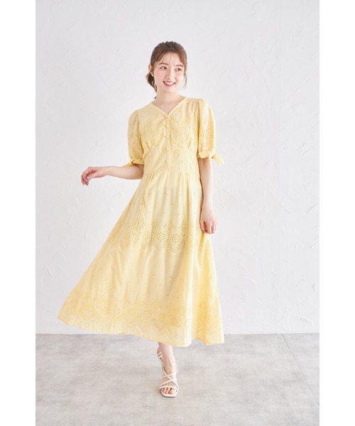 tocco closet ワンピース 袖口リボン付きパール釦コットンレース