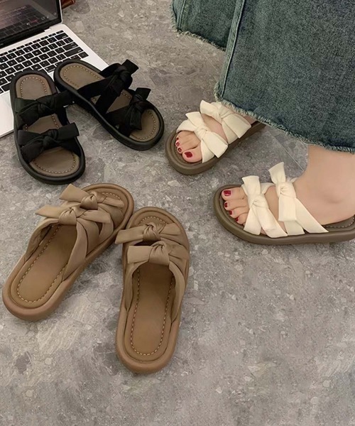 shoes365 厚底 サンダル 「shoes 365」ダブルリボンデザイン厚底