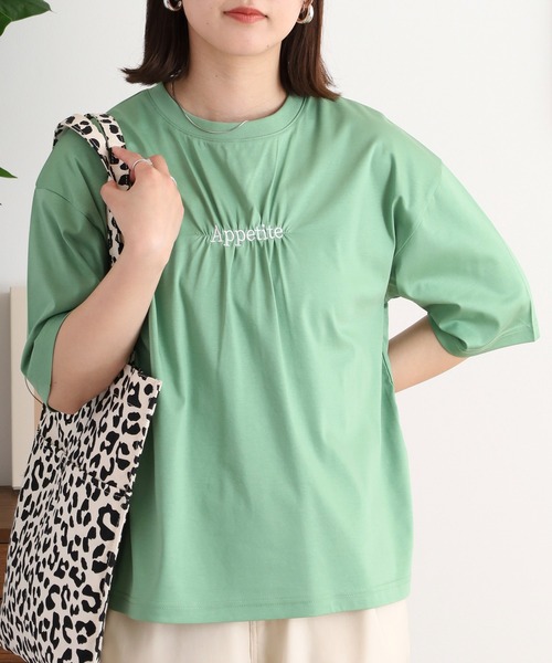tシャツ Anna Nicola ギャザーロゴ刺繍半袖カットソー レディース