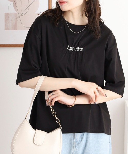 Anna Nicola tシャツ ギャザーロゴ刺繍半袖カットソー