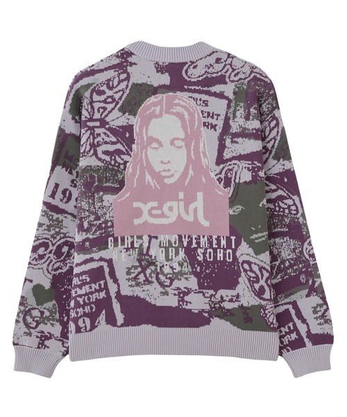 X-girl カーディガン COLLAGE GRAPHIC JACQUARD KNIT CARDIGAN