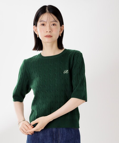 オリーブグリーン 半袖ニットセーター　新品サイズS THE SHOP TK ニット セーター ワンポイント刺繍ケーブル半袖ニット