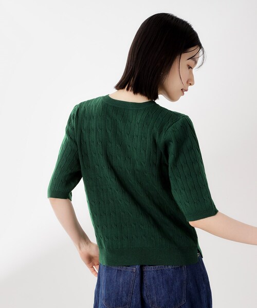 オリーブグリーン 半袖ニットセーター　新品サイズS THE SHOP TK ニット セーター ワンポイント刺繍ケーブル半袖ニット