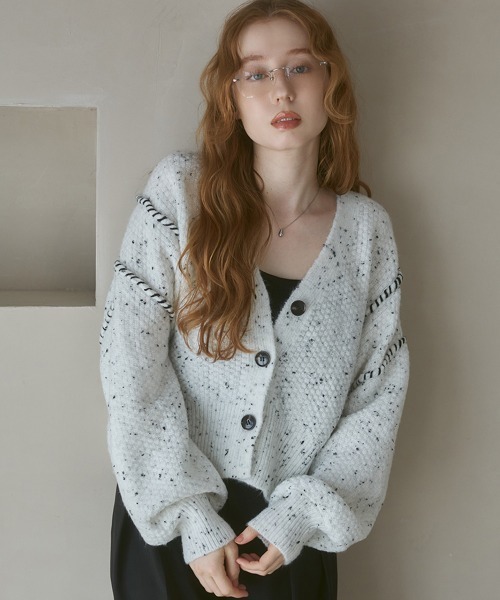 BAB（バブ） カーディガン チョコチップ風ネップ ショート丈ニット
