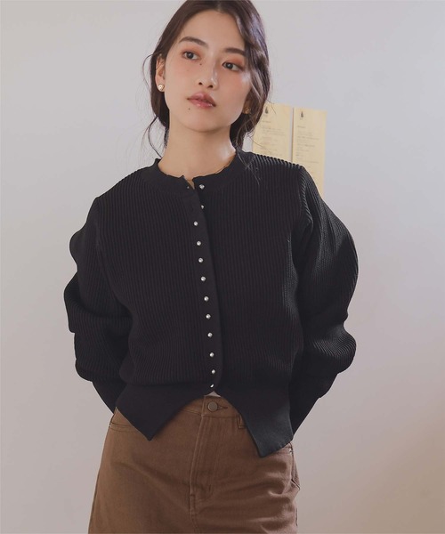 【新品 未使用】 TEVALT テバルト シアー マルチ リブ ニット カーディガン スカート セットアップ Sz.38 レディース 黒 シアーリブサマーニットVネックカーデ（カーディガン/ボレロ）｜THE