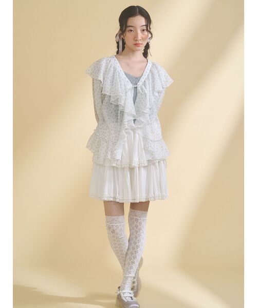 キャサリンマランドリーノ ☆ カシミヤ フリル ボレロ カーディガン S 半袖 セール】フロントリボンフリル半袖ボレロ（カーディガン/ボレロ
