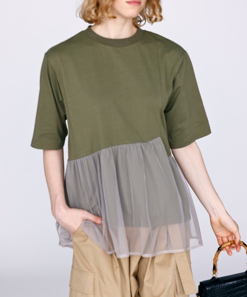 希少タグ付き「ケレン」ダブルカラーデザインシャツ　カーキ　ゆったり大きめ Kelen（ケレン） tシャツ 「KELEN / ケレン」アシンメトリー異素材