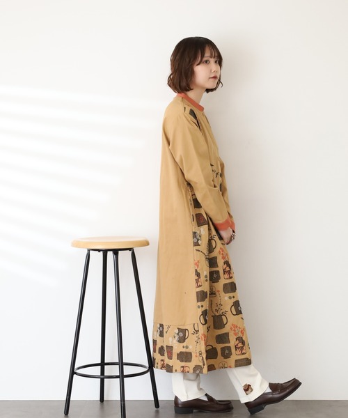 Emago 花柄刺繍 長袖シャツワンピース Emago（イマゴ） シャツワンピース ツボと花刺繍ワンピース 長袖