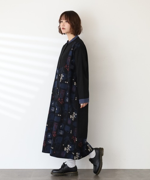 Emago 花柄刺繍 長袖シャツワンピース Emago（イマゴ） シャツワンピース ツボと花刺繍ワンピース 長袖